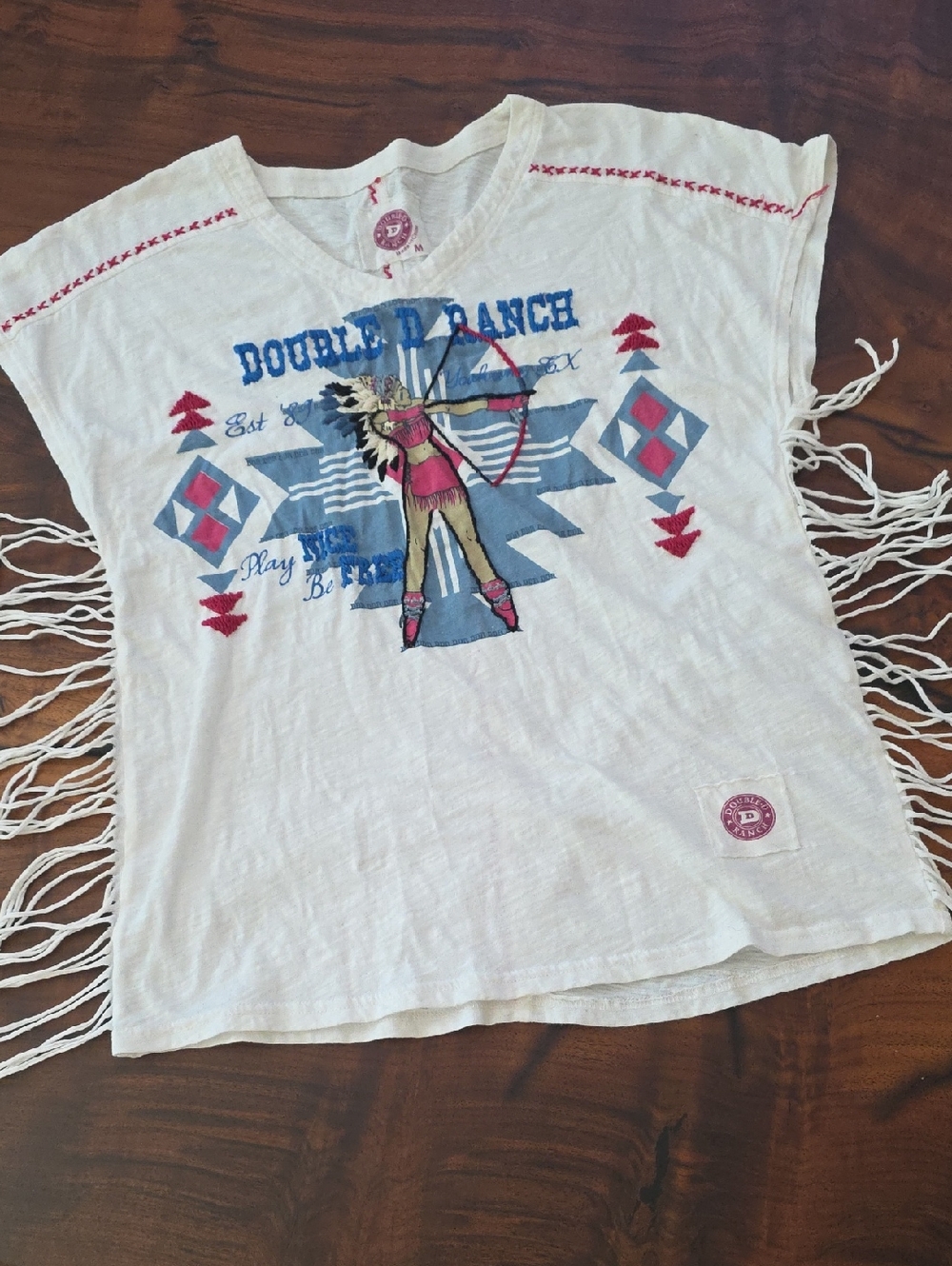 Double D Ranch🐎 White Fringe Tee with Blue & Pink Western Archer Graphic🐎